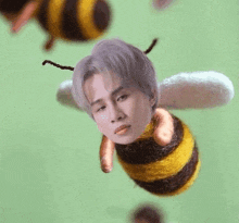 a man is flying in the air dressed as a bee .