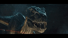 a close up of a dinosaur 's mouth with sharp teeth in the dark .