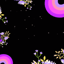 a pink sign with arabic writing on it is surrounded by purple and pink flowers