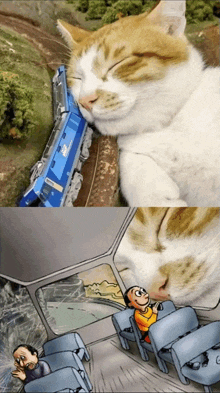 a cat is sleeping next to a train and a cartoon of a man on a bus