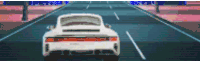 a white car is driving down a road with a red stripe on the side .
