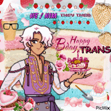 a cartoon of a man holding a cake with the words " he / him they them "