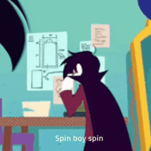 a cartoon character says spin boy spin in front of a table with drawings on it
