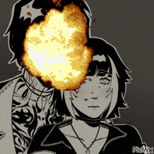 a black and white drawing of a man and a woman with an explosion behind them