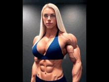 a very muscular blonde woman in a blue top