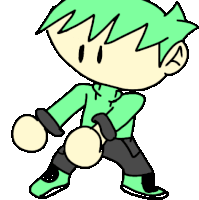 a cartoon of a boy with green hair and black pants