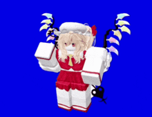 a cartoon character in a red and white dress with wings on a blue background