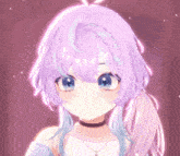 a girl with purple hair and blue eyes looks at the camera