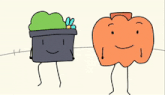 a cartoon of a potted plant and a pumpkin with arms and legs