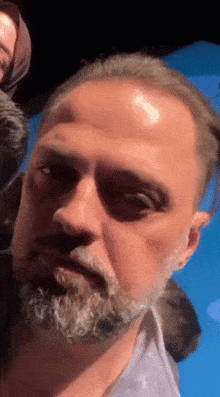 a man with a beard is looking at the camera with a blue sky in the background