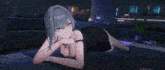 a girl with gray hair and yellow eyes is looking down