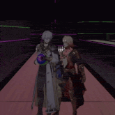 two anime characters standing next to each other holding bowling balls