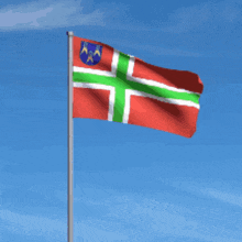 a red green and white flag with a coat of arms
