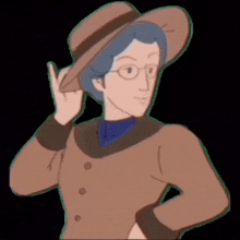 a cartoon woman wearing glasses and a hat is making a peace sign