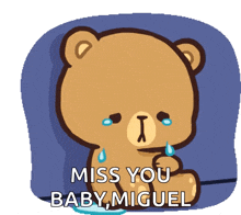 a teddy bear is crying with the words miss you baby miguel below it