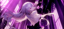 a girl with long white hair is standing in front of a purple wall