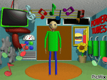a cartoon character is standing in a room with power tubes written on the wall