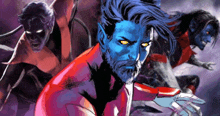 a comic book character with blue hair and yellow eyes is surrounded by two other characters
