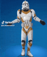 a storm trooper from star wars is dancing on a blue background ..