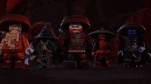 a group of lego figures are standing in a foggy room