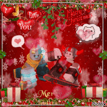 a merry christmas greeting card with a cartoon character on a skateboard