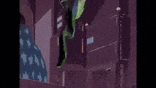 a cartoon character is standing in front of a building in a purple background .