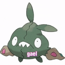 a cartoon drawing of a pokemon with the word gael on it .