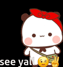 a cartoon bear with a red bow on its head is holding a peace sign