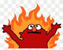 elmo from sesame street with his arms outstretched in front of a fire