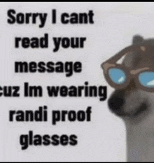 a dog wearing glasses says sorry i cant read your message cuz i 'm wearing randi proof glasses