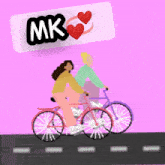two women riding bicycles under a sign that says mk on it