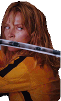 a woman with red hair is holding a sword in her mouth