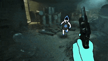 a drawing of a person holding a gun in a room