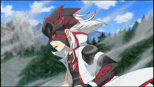 a cartoon character with white hair and a red and black hat