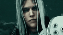 a close up of a man with long white hair in a video game looking at the camera .