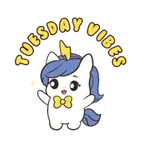 a cartoon unicorn with the words tuesday vibes surrounding it