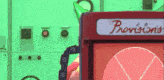 a green wall with a red box that says provisions on it