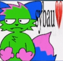a cartoon of a green cat with a pink tail and a blue tail