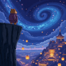 a teddy bear stands on top of a cliff looking at a city at night
