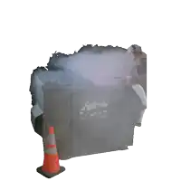 a dumpster with the word art on it and smoke coming out of it