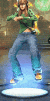 a woman in a green shirt and jeans is dancing