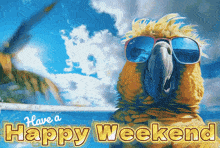 a picture of a parrot wearing sunglasses with the words have a happy weekend below it