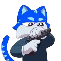 a blue and white cat is holding a gun in its mouth