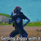 a cartoon character with a mushroom on his shirt is dancing with the caption getting ziggy with it