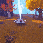 a video game scene with a pyramid and trees