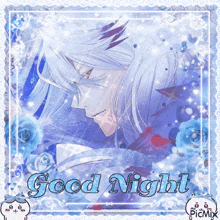 a picture of a man with white hair and the words " good night "