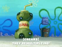 a cartoon scene from spongebob shows a kelpshake and a bucket