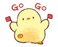 a cartoon chick is holding two red flags and the words go are above it