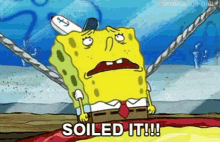 a cartoon of spongebob squarepants saying `` soiled it !!! ''