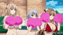 three anime girls in bikinis are cheering with pink pom poms in front of a sign that says ' я того все '